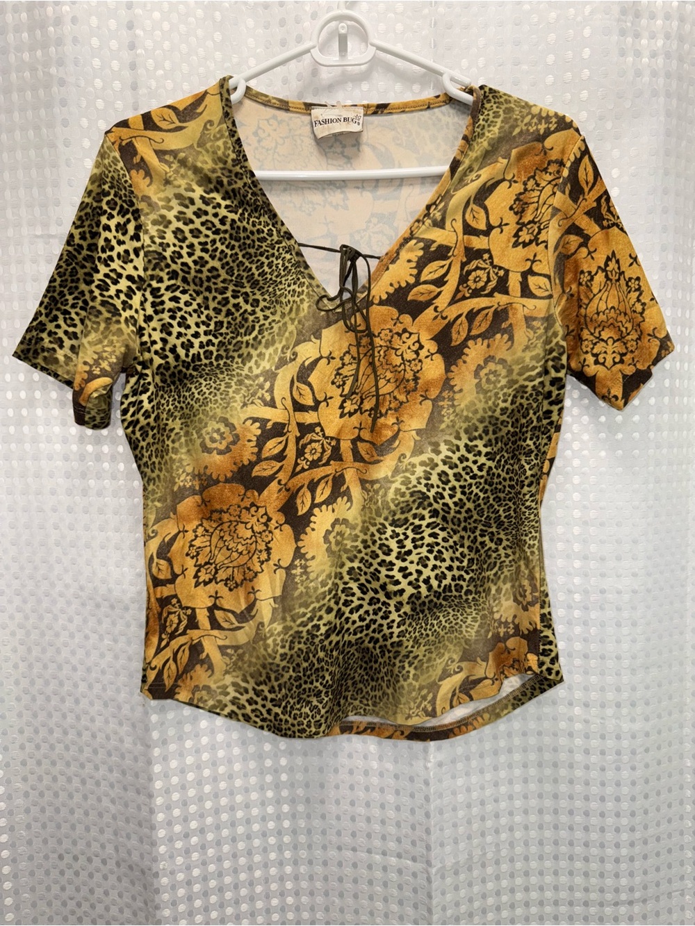 Fashion Bug Vintage Floral & Animal Cheetah Print Lace-Up Women's Blouse Mustard